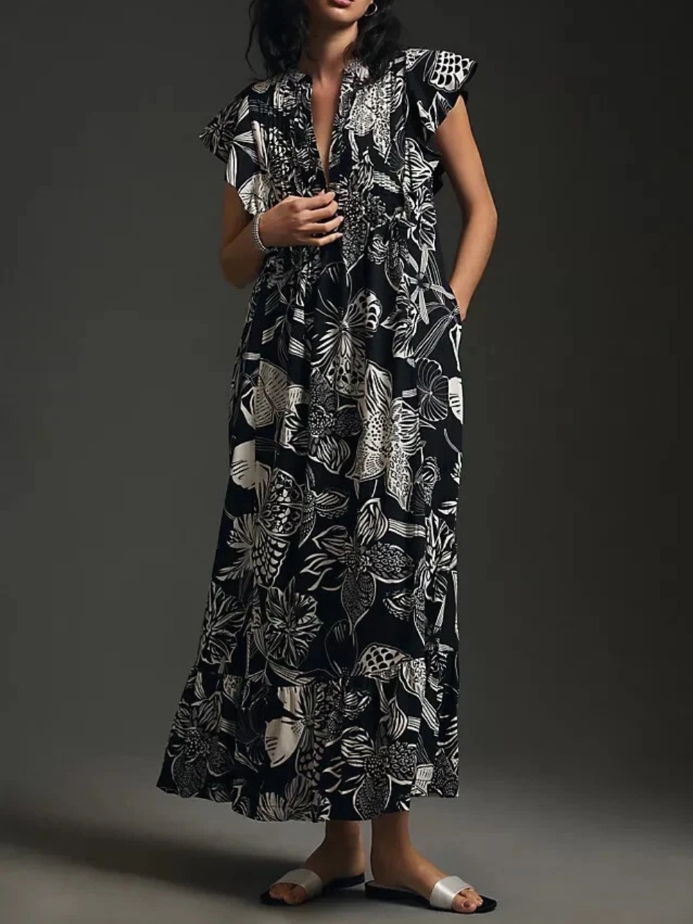 Anthropologie Black & White Floral Tiered Maxi Dress